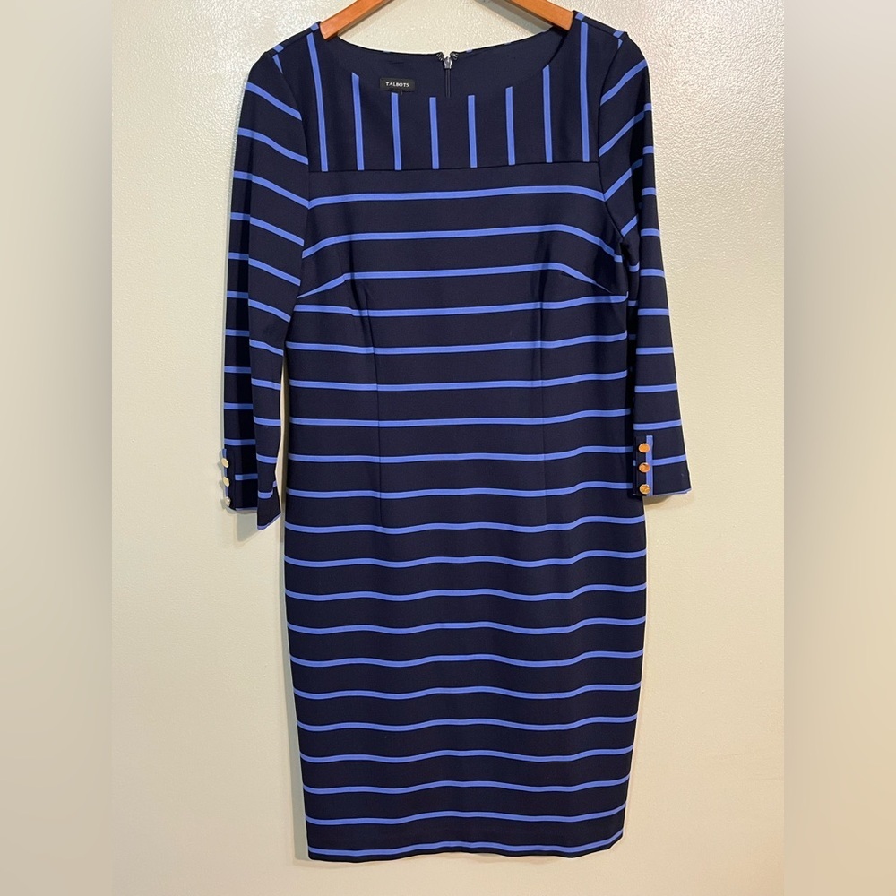 Talbots Blue Sheath Dress with Square Neck and Cuffed Sleeves Office Carrier 10